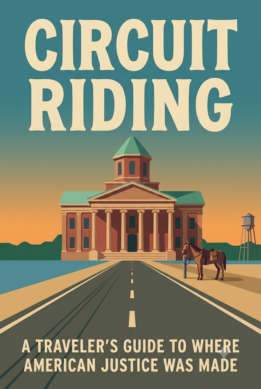 Book cover for Circuit Riding: A Traveler's Guide to Where American Justice Was Made. A two-lane road runs toward a small-town courthouse at sunset, with a saddled horse hitched at the roadside.